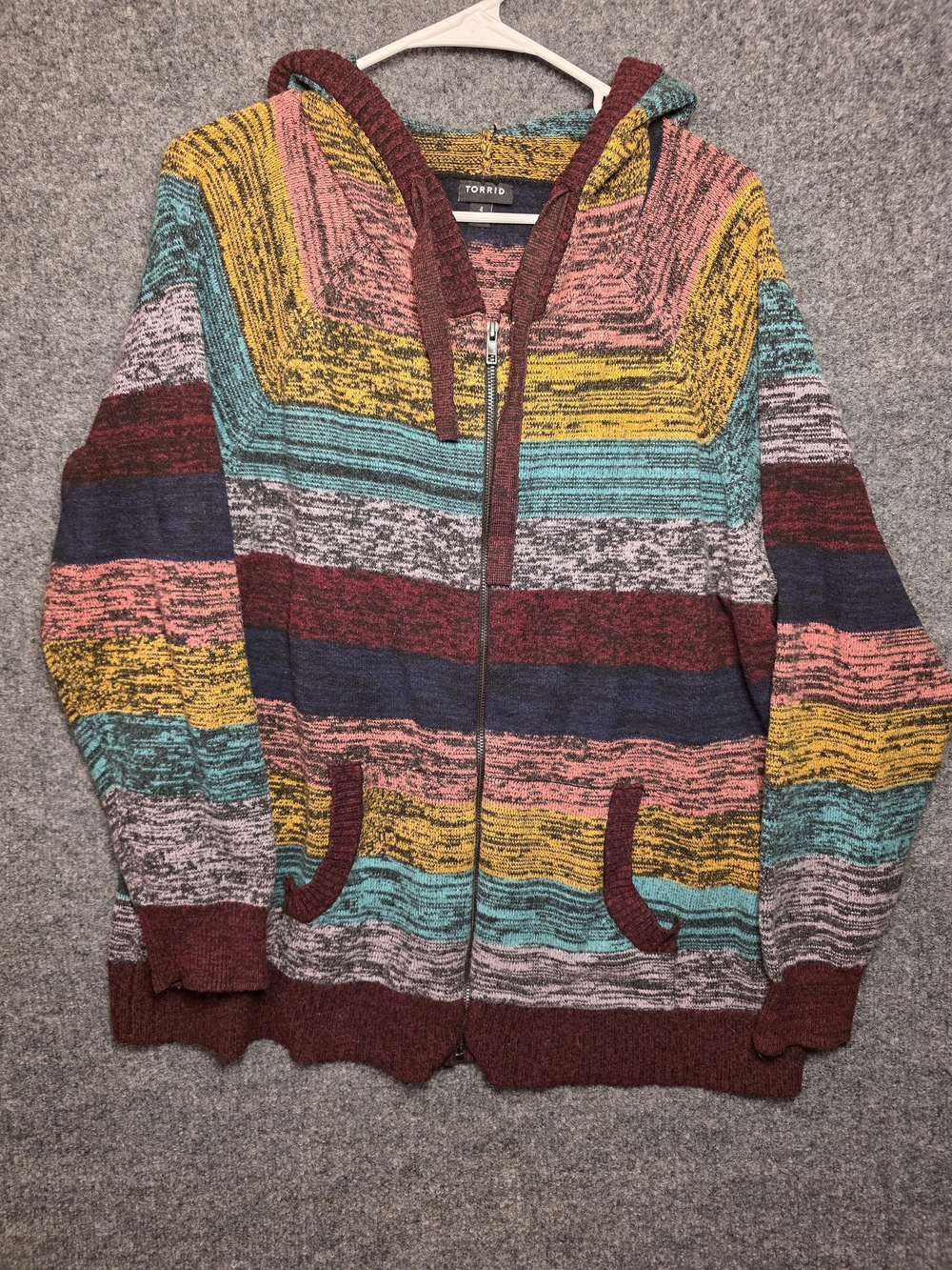 Torrid Sweater 4 / 4X Womens Multi Stripe Full Zip Hooded Cardigan Boho Knit